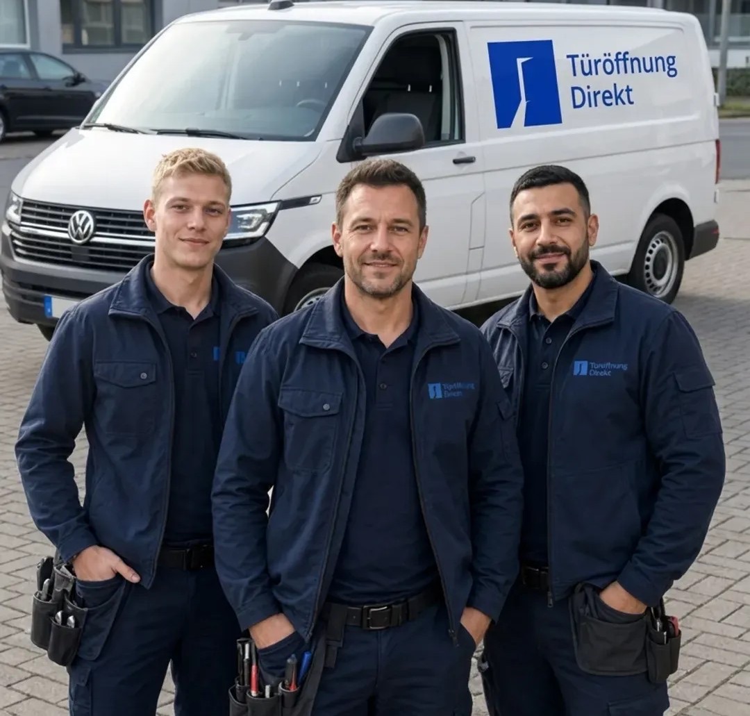 Drei Techniker von Türöffnung Direkt vor dem Servicefahrzeug
