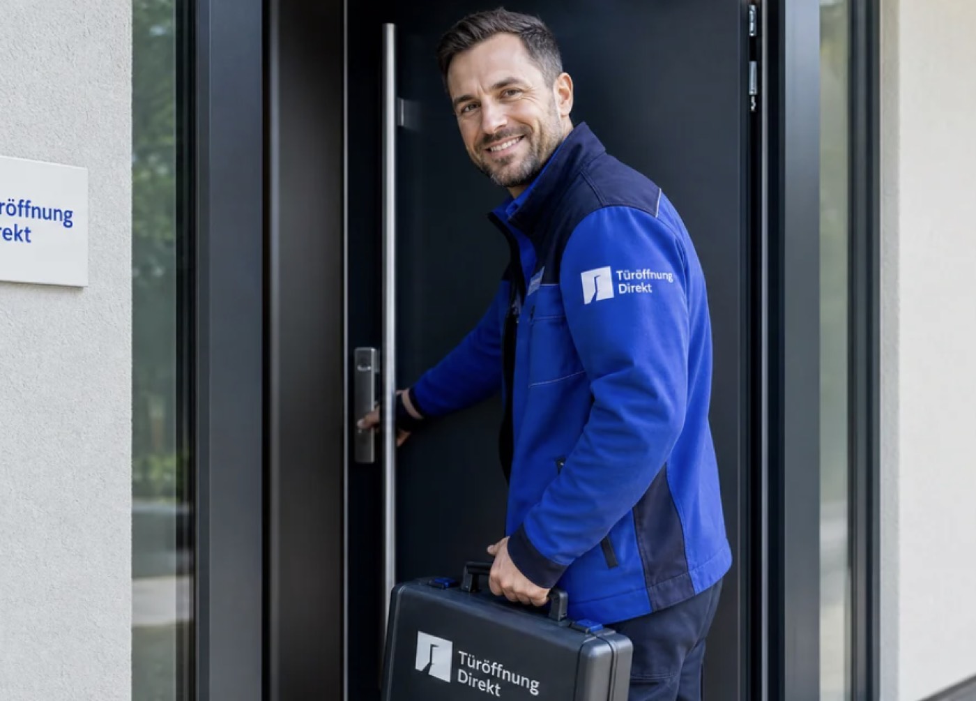 Techniker mit Werkzeugkoffer an einer Haustür in Essen